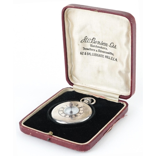 2051 - J W Benson, George V gentlemen's silver open face keyless half hunter pocket watch having enamelled ... 