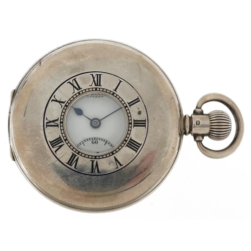 2051 - J W Benson, George V gentlemen's silver open face keyless half hunter pocket watch having enamelled ... 