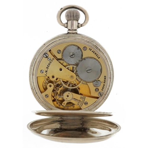 2051 - J W Benson, George V gentlemen's silver open face keyless half hunter pocket watch having enamelled ... 