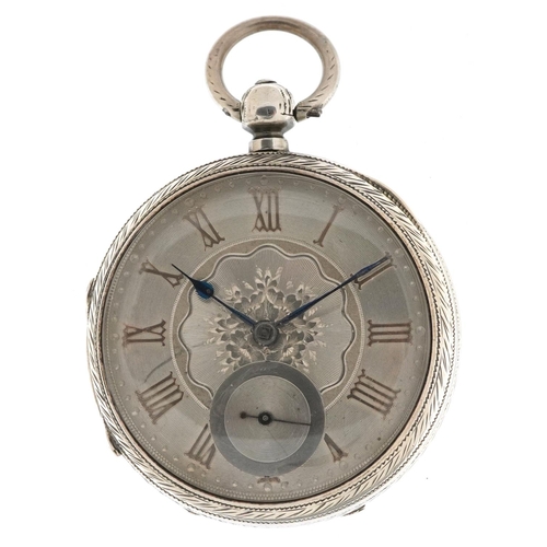 2157 - Victorian gentlemen's silver open face key wind pocket watch having ornate silvered dial with Roman ... 