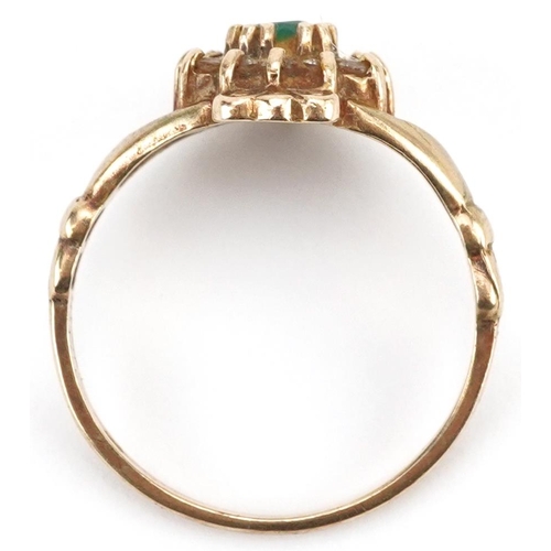 2089 - 9ct gold emerald and clear stone Claddagh love heart ring, size N/O, 2.7g