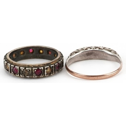 2671 - Two 9ct gold and silver rings comprising graduated five stone white spinel ring and a ruby and clear... 