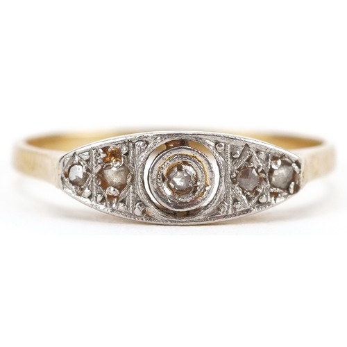 2043 - Art Deco 18ct gold and platinum diamond five stone ring, size M, 1.7g