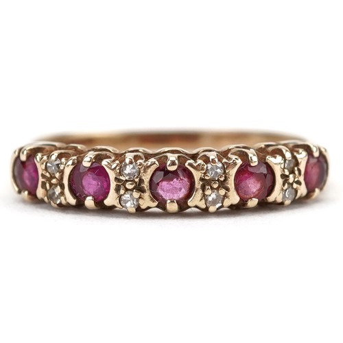 2296 - 9ct gold ruby and diamond half eternity ring set with five rubies and eight diamonds, size L, 1.6g