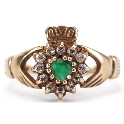 2089 - 9ct gold emerald and clear stone Claddagh love heart ring, size N/O, 2.7g