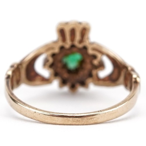 2089 - 9ct gold emerald and clear stone Claddagh love heart ring, size N/O, 2.7g