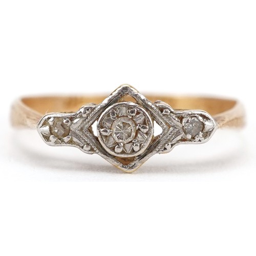 2092 - Art Deco 18ct gold and platinum diamond three stone ring, size K, 1.6g