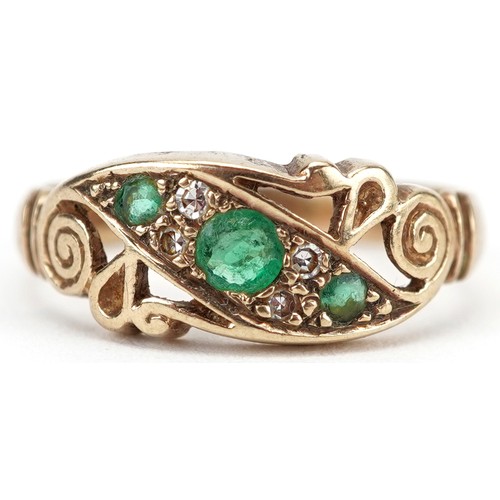 2076 - Victorian style 9ct gold graduated emerald and diamond ring set with three emeralds and four diamond... 