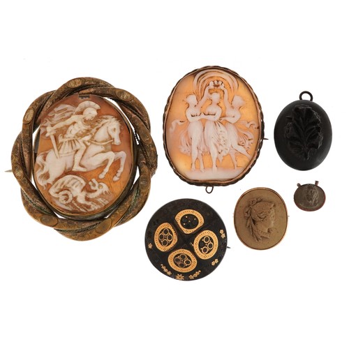 2718 - Antique jewellery including Victorian pique work tortoiseshell brooch, cameo shell brooches, cameo l... 