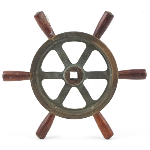 1424 - Mid 20th century brass and teak ship's design wheel, 31cm in diameter