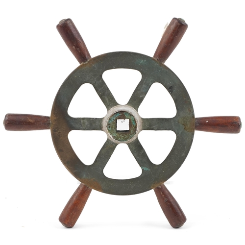 1424 - Mid 20th century brass and teak ship's design wheel, 31cm in diameter