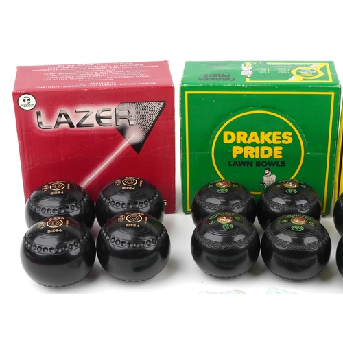 1452 - Four sets of lawn bowls including Lazer and Drake's Pride