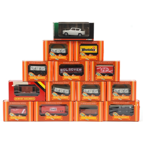 1561 - Hornby OO gauge model railway wagons and a Corgi Vanguards Classic diecast Ford Anglia with box