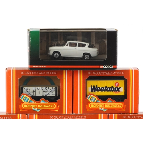 1561 - Hornby OO gauge model railway wagons and a Corgi Vanguards Classic diecast Ford Anglia with box