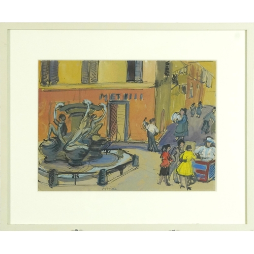 313 - Elizabeth Hinde - The Square of the Tortoises Rome, ink and watercolour, mounted, framed and glazed,... 