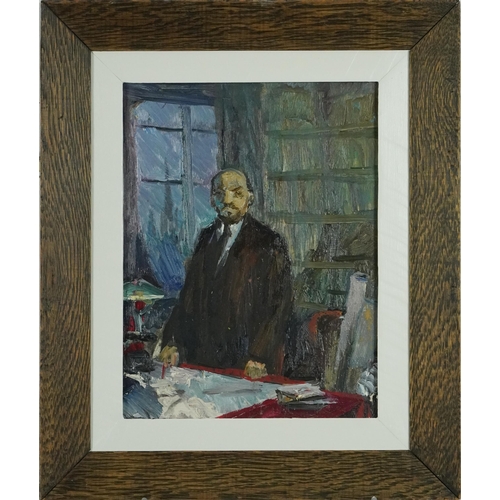 370 - Portrait of a gentleman in his study, Russian school oil on board, inscribed verso, mounted and fram... 