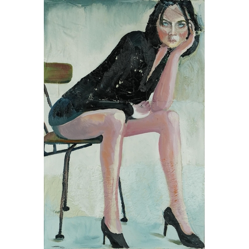 89 - Clive Fredriksson - Scantily dressed female with black heels, oil and mixed media on canvas, framed,... 