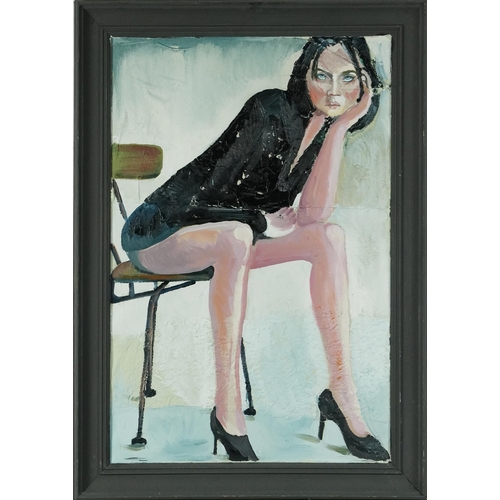 89 - Clive Fredriksson - Scantily dressed female with black heels, oil and mixed media on canvas, framed,... 