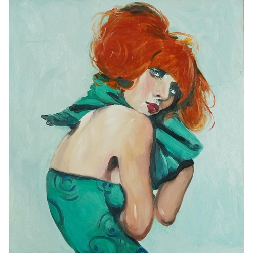 1497 - Clive Fredriksson - Red headed female wearing a green dress, contemporary oil on board, framed, 49.5... 