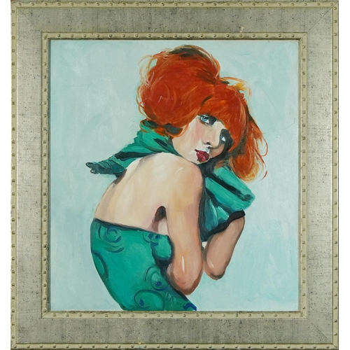 1497 - Clive Fredriksson - Red headed female wearing a green dress, contemporary oil on board, framed, 49.5... 