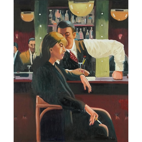 159 - Clive Fredriksson after Jack Vettriano - Female at a bar, contemporary oil on board, mounted and fra... 