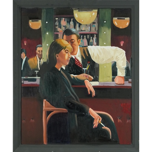 159 - Clive Fredriksson after Jack Vettriano - Female at a bar, contemporary oil on board, mounted and fra... 