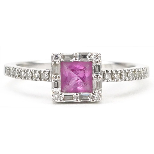 2471 - 18ct white gold princess cut ruby and diamond ring, the ruby approximately 4.0mm x 4.0mm x 2.40mm de... 