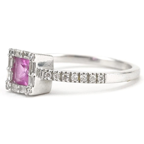 2471 - 18ct white gold princess cut ruby and diamond ring, the ruby approximately 4.0mm x 4.0mm x 2.40mm de... 