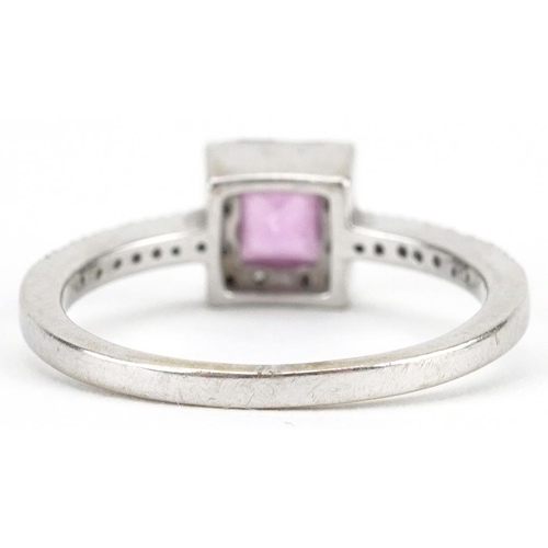 2471 - 18ct white gold princess cut ruby and diamond ring, the ruby approximately 4.0mm x 4.0mm x 2.40mm de... 