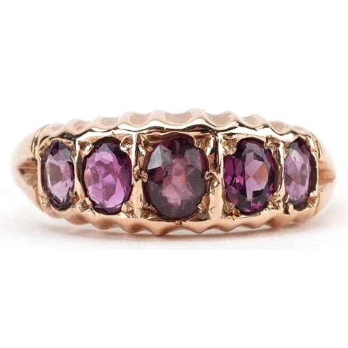 2228 - Edwardian 9ct gold graduated garnet five stone ring, Birmingham 1907, size Q, 2.4g