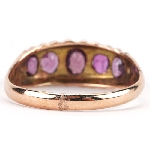 2228 - Edwardian 9ct gold graduated garnet five stone ring, Birmingham 1907, size Q, 2.4g