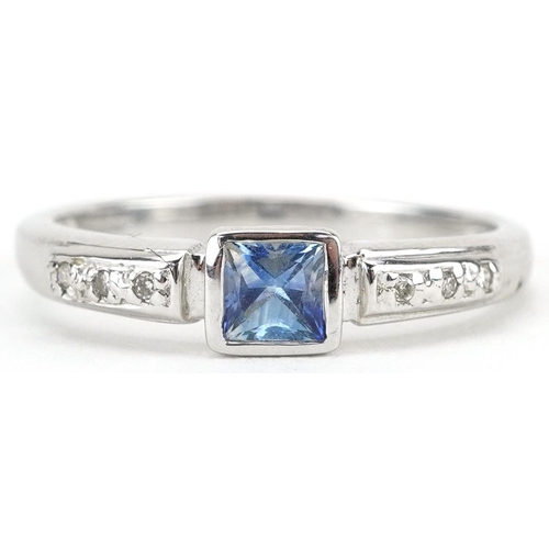 2055 - 9ct white gold princess cut sapphire ring with diamond set shoulders, size N, 2.1g