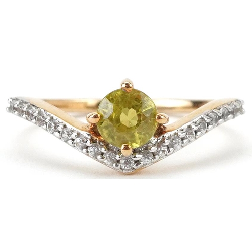 2080 - 10ct gold peridot and white spinel wishbone ring, size N, 1.9g