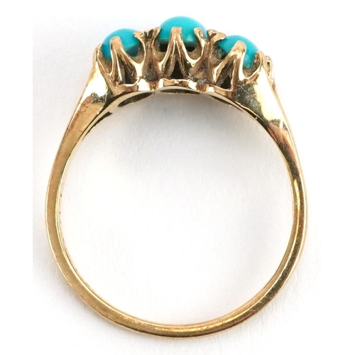 2258 - 9ct gold cabochon turquoise three stone ring, size M, 2.2g