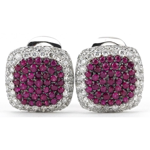 2025 - Pair of 14ct white gold ruby and diamond square cluster stud earrings, 12.5mm x 12.5mm, 4.4g