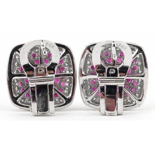 2025 - Pair of 14ct white gold ruby and diamond square cluster stud earrings, 12.5mm x 12.5mm, 4.4g