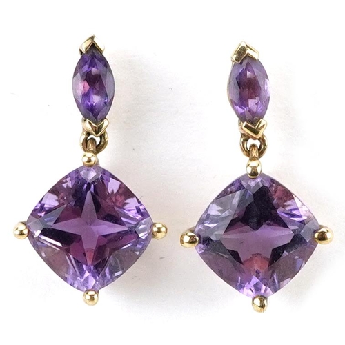 2565 - Pair of 9ct gold amethyst drop earrings, 1.9cm high, 2.6g