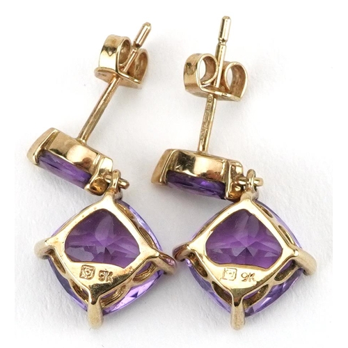 2565 - Pair of 9ct gold amethyst drop earrings, 1.9cm high, 2.6g