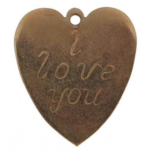 2498 - 9ct gold pendant in the form of a love heart engraved I Love You, 2cm high, 1.2g