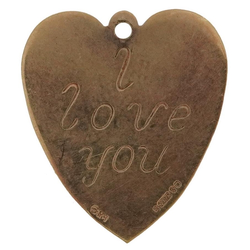 2498 - 9ct gold pendant in the form of a love heart engraved I Love You, 2cm high, 1.2g