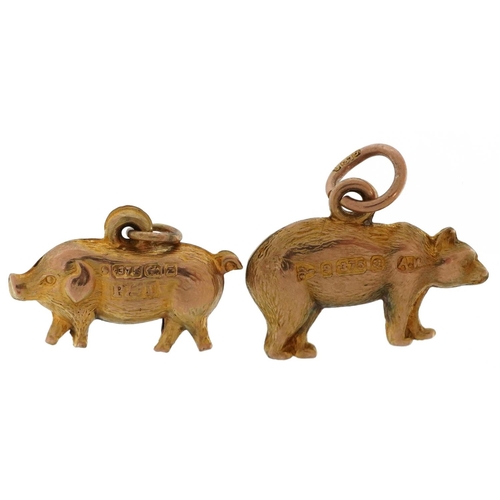 2457 - Two 9ct gold animal charms in the form of a brown bear and pig, the largest 1.7cm wide, total 1.5g