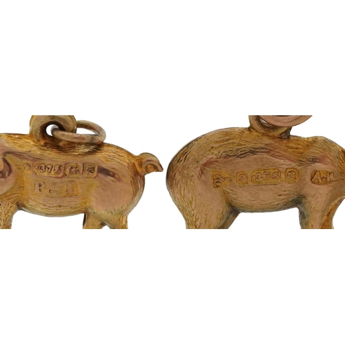 2457 - Two 9ct gold animal charms in the form of a brown bear and pig, the largest 1.7cm wide, total 1.5g