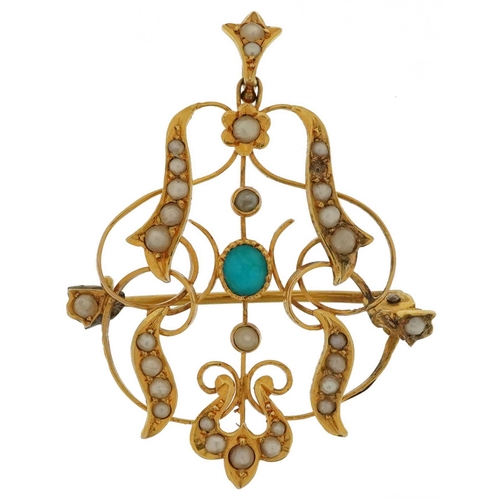 2100 - Edwardian 9ct gold cabochon turquoise and seed pearl openwork pendant brooch, 4cm high, 4.0g