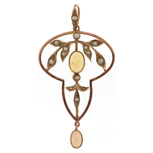 2093 - Art Nouveau 9ct gold cabochon opal and seed pearl openwork pendant, 5cm high, 3.0g