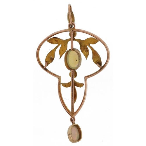 2093 - Art Nouveau 9ct gold cabochon opal and seed pearl openwork pendant, 5cm high, 3.0g