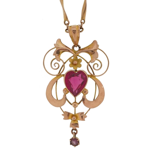 2027 - Art Nouveau 9ct gold love heart garnet openwork pendant on a 9ct gold ball and bar link necklace, 4.... 