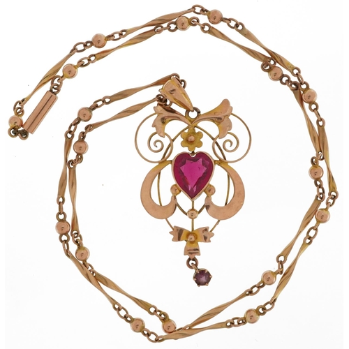 2027 - Art Nouveau 9ct gold love heart garnet openwork pendant on a 9ct gold ball and bar link necklace, 4.... 