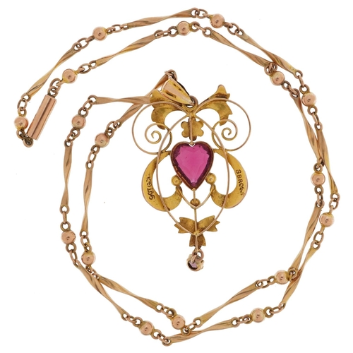 2027 - Art Nouveau 9ct gold love heart garnet openwork pendant on a 9ct gold ball and bar link necklace, 4.... 