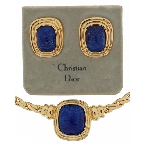 2616 - Christian Dior, vintage gold plated lapis lazuli design necklace and matching clip on earrings, the ... 