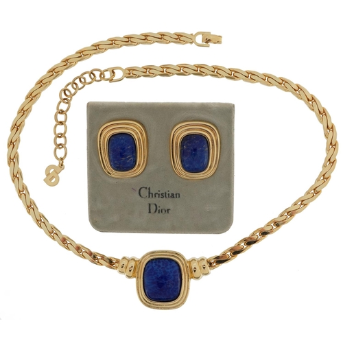 2616 - Christian Dior, vintage gold plated lapis lazuli design necklace and matching clip on earrings, the ... 